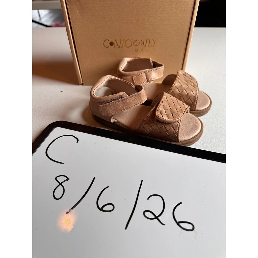 Consciously Baby Leather Woven Sandal Stone Tan Hard Sole Toddler US 9 Shoes